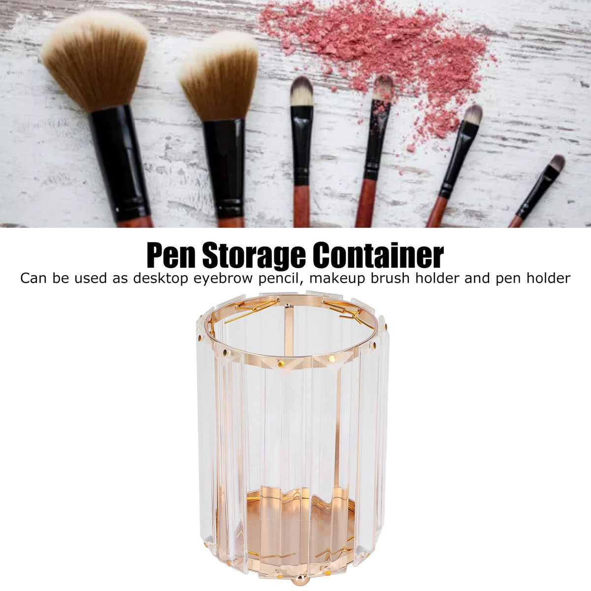 Cosmetic Brush Holder Transparent Glass Round Decorative Desktop Pen Storage Organizer BoxGold