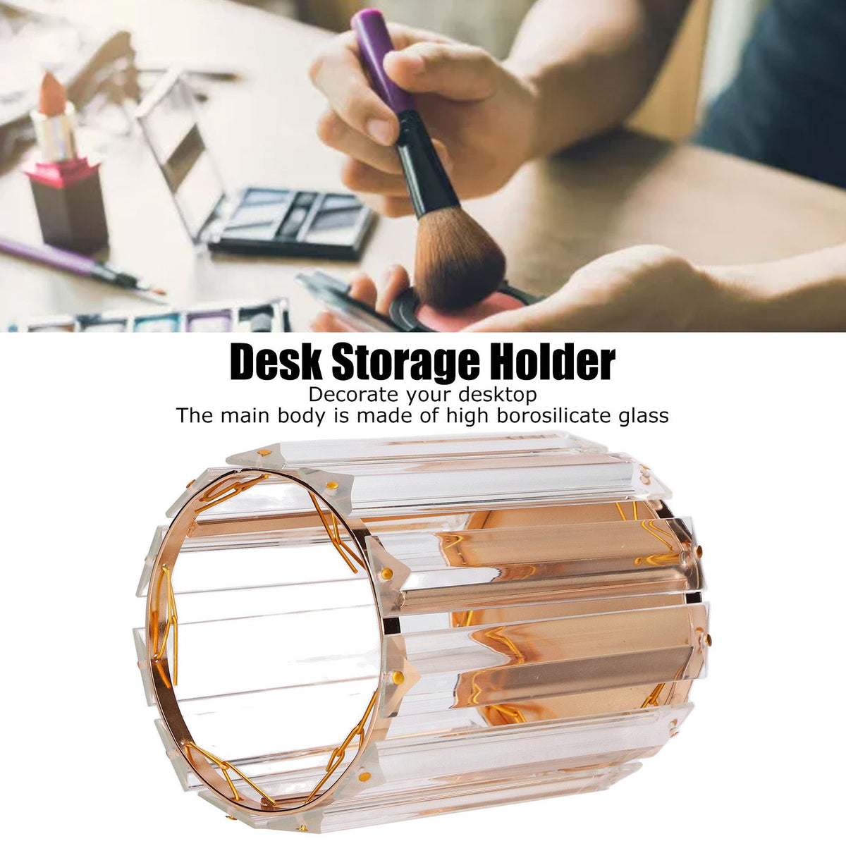Cosmetic Brush Holder Transparent Glass Round Decorative Desktop Pen Storage Organizer BoxGold