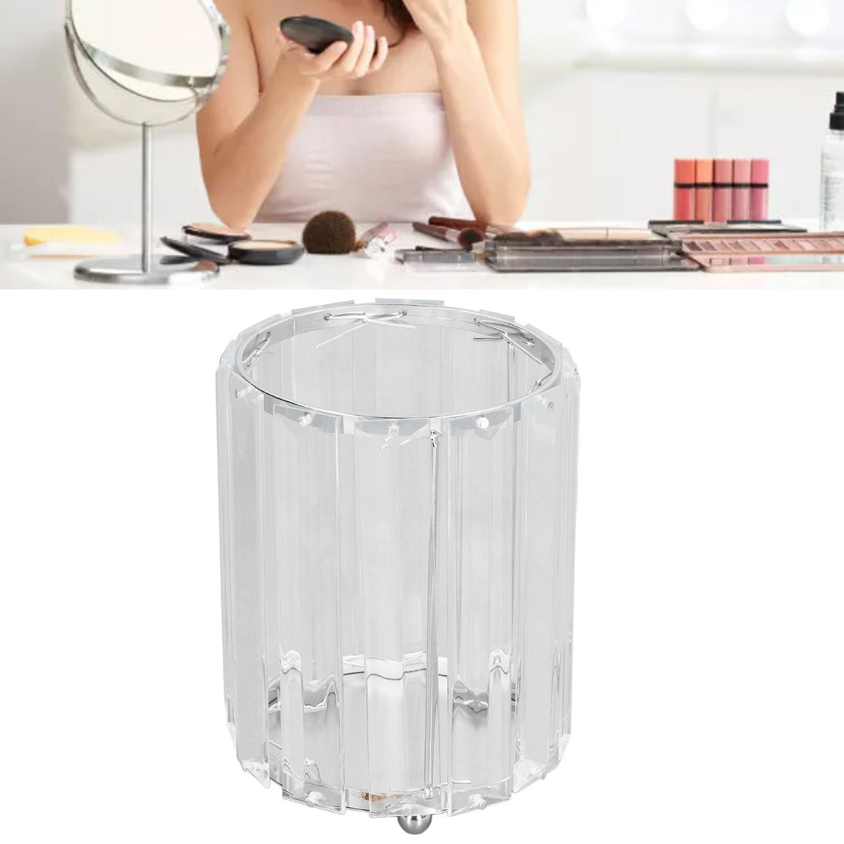 Cosmetic Brush Holder Transparent Glass Round Decorative Desktop Pen Storage Organizer BoxSilver