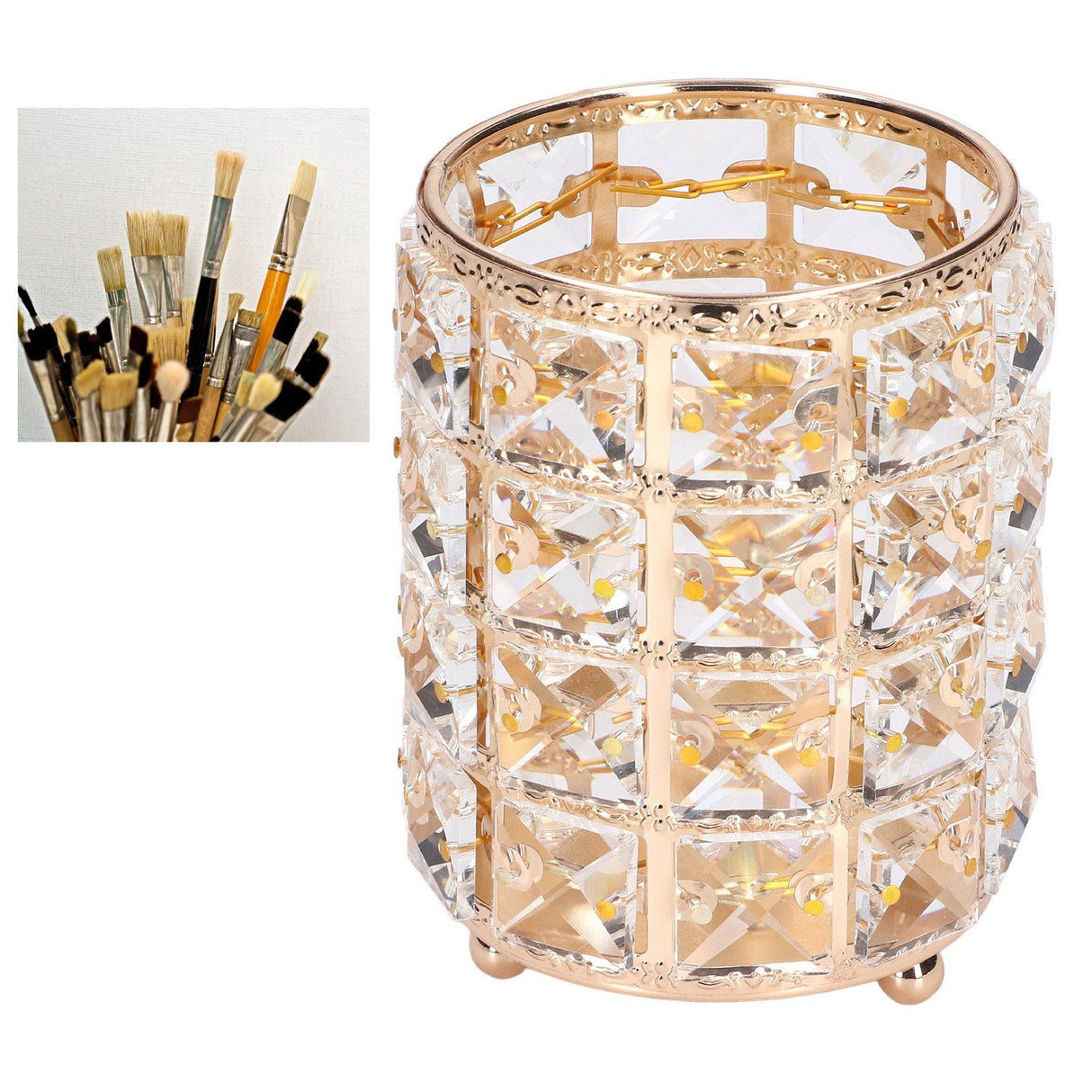 Crystal Makeup Brush Holder European Style Rounded Crystal Glass Cosmetic OrganizerGold