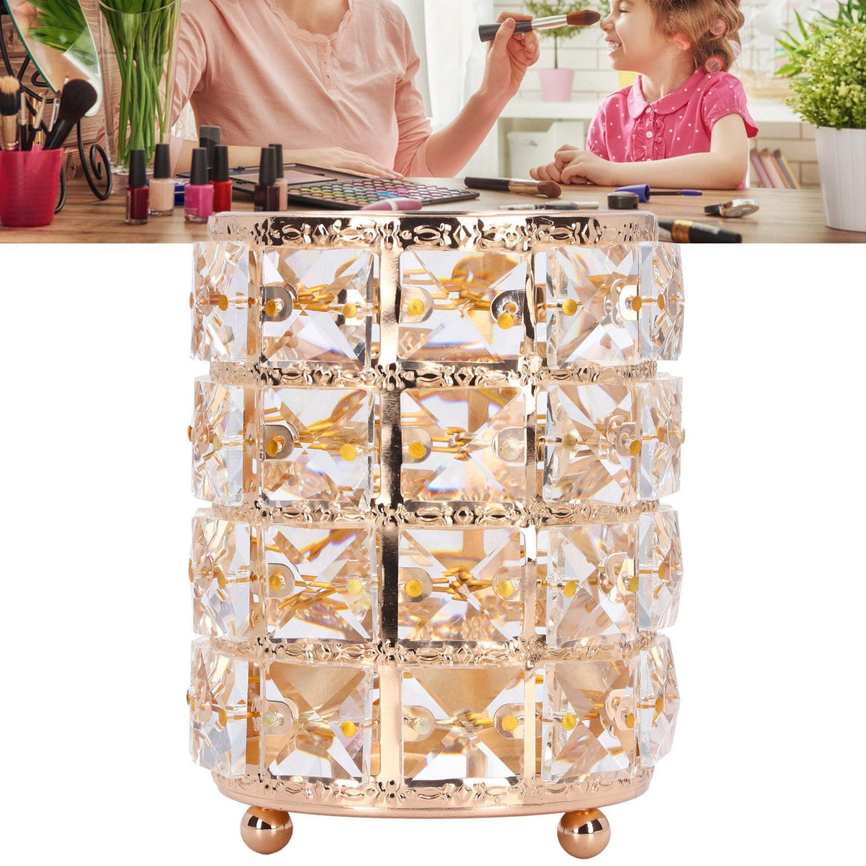 Crystal Makeup Brush Holder European Style Rounded Crystal Glass Cosmetic OrganizerGold