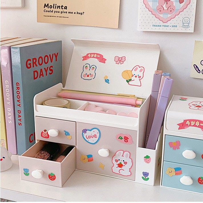Desktop Storage Box Cute Plastic Drawer Desktop Storage Box Large Capacity Cosmetic Box for Office Home Light Pink