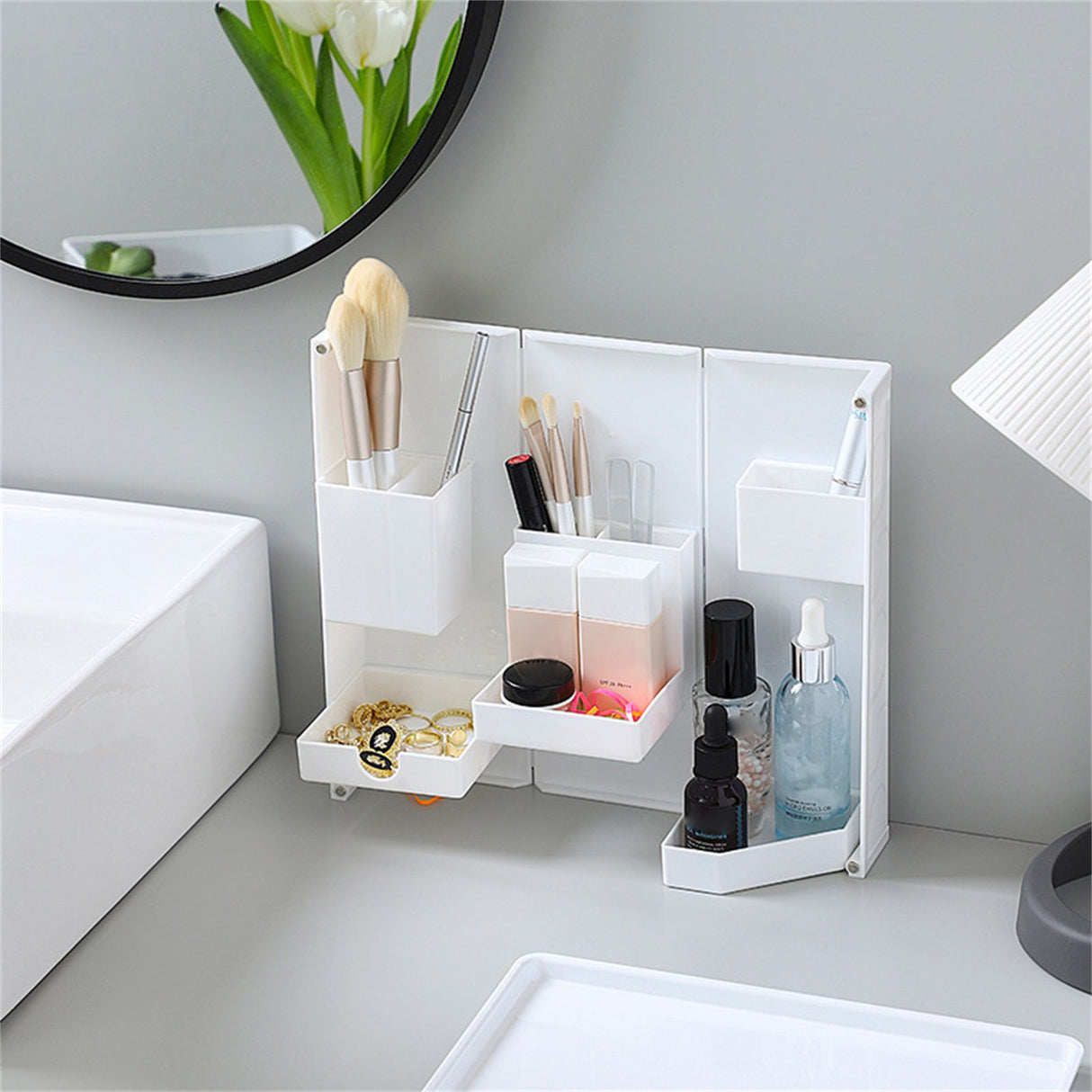 Folding Standable Stationery Box Office Pencil Holder Desktop Magnetic Plastic Makeup Case White