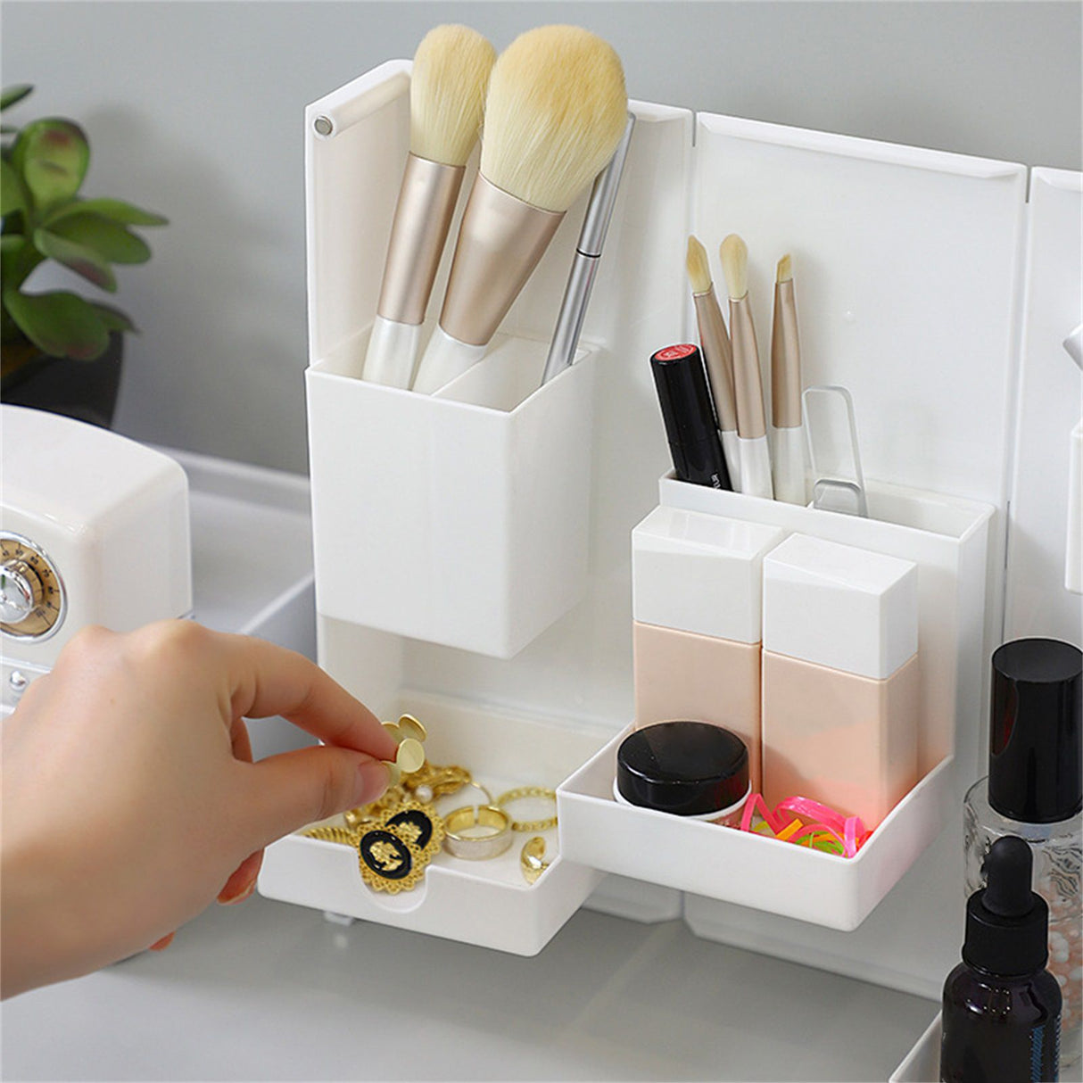 Folding Standable Stationery Box Office Pencil Holder Desktop Magnetic Plastic Makeup Case White