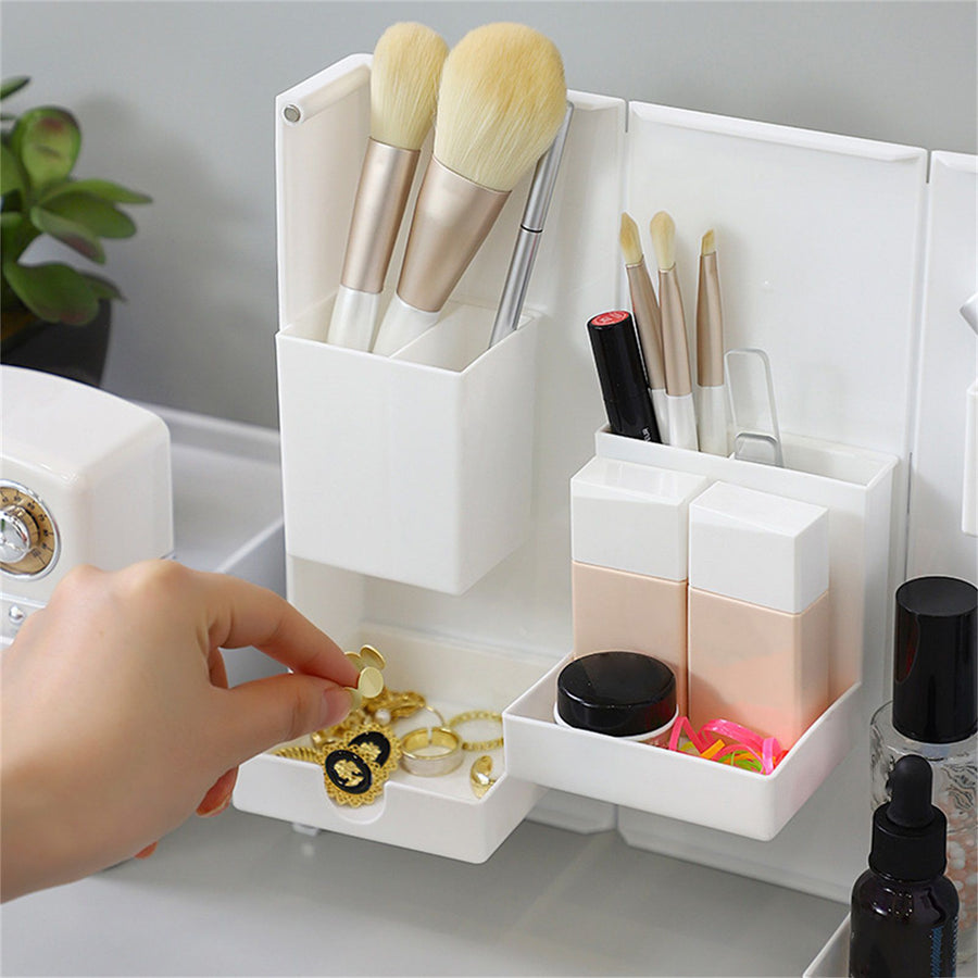 Folding Standable Stationery Box Office Pencil Holder Desktop Magnetic Plastic Makeup Case White