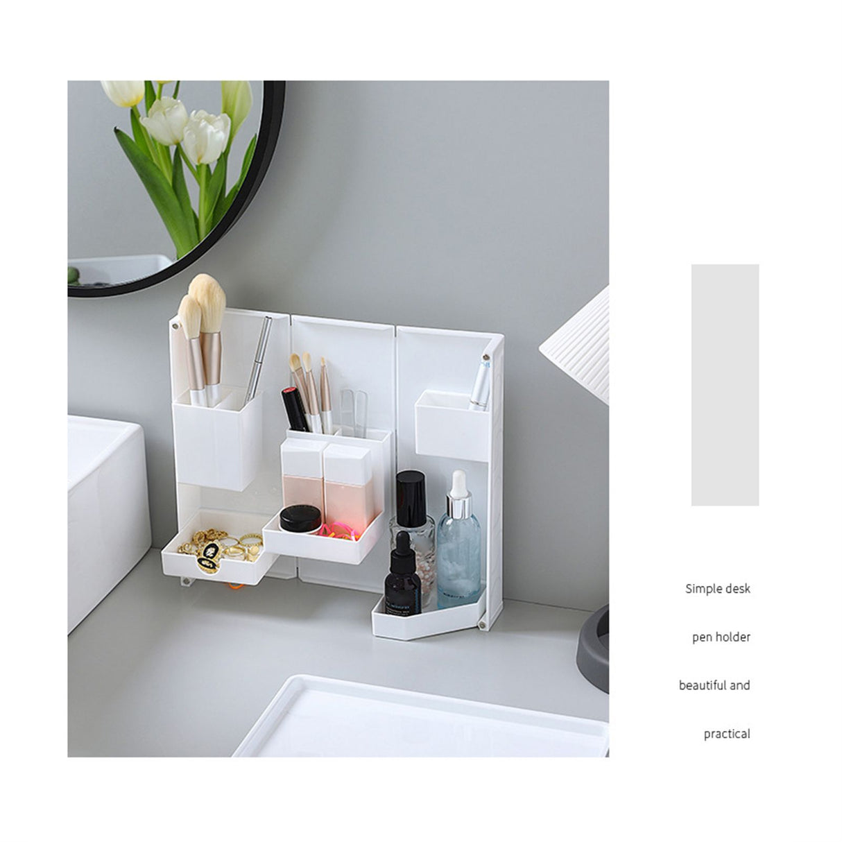 Folding Standable Stationery Box Office Pencil Holder Desktop Magnetic Plastic Makeup Case White