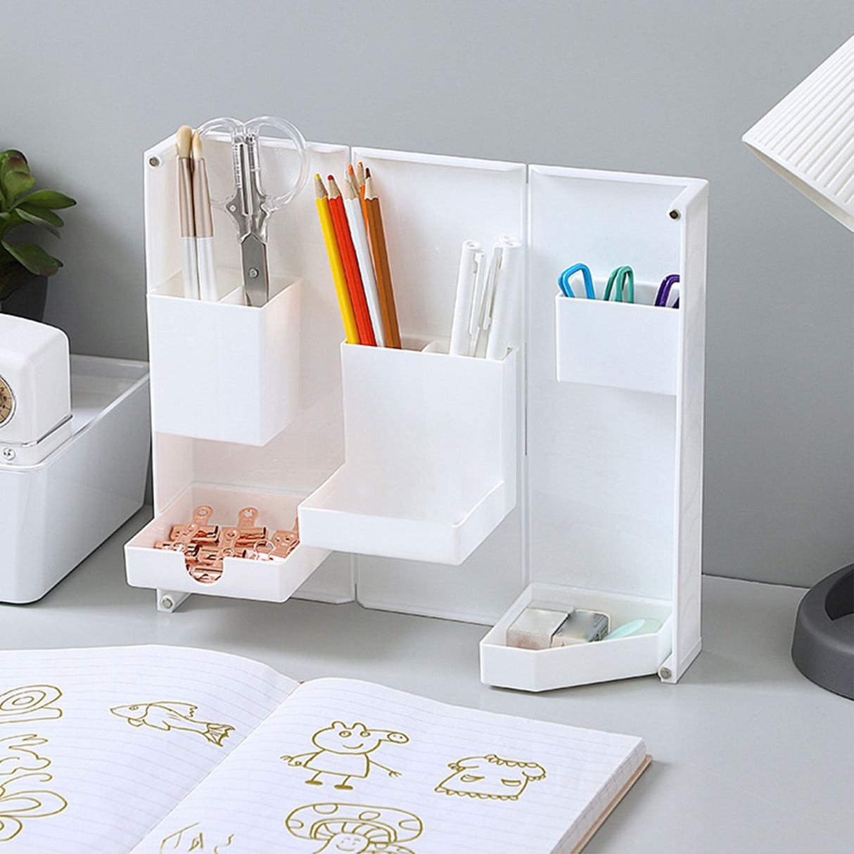 Folding Standable Stationery Box Office Pencil Holder Desktop Magnetic Plastic Makeup Case White