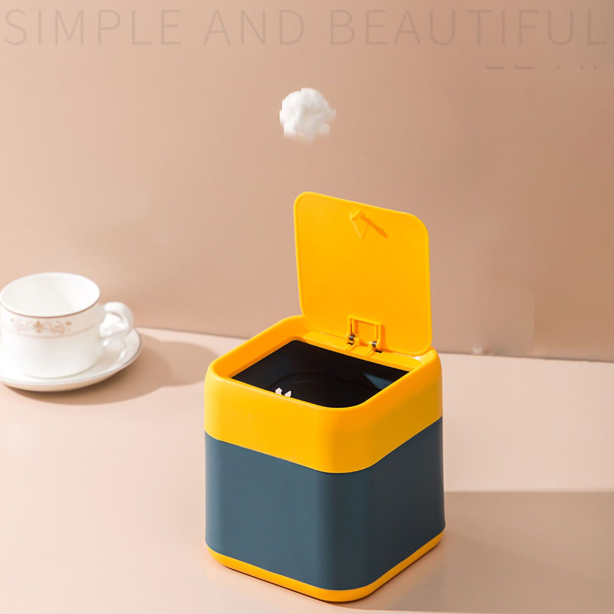Desktop Trash Can Cute Drop Resistant Portable Tiny Desktop Garbage Bin with Detachable Lid for Car and Home Flip [Yellow Navy]