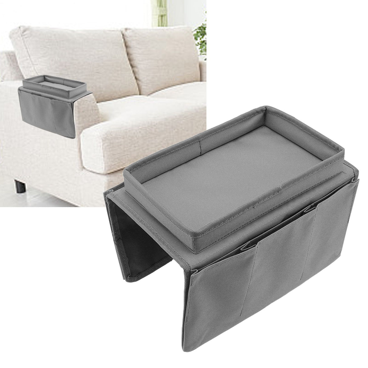 Sofa Tray Folding Arm Storage Holder Table 600D Oxford Cloth Side Pockets for Couch Grey