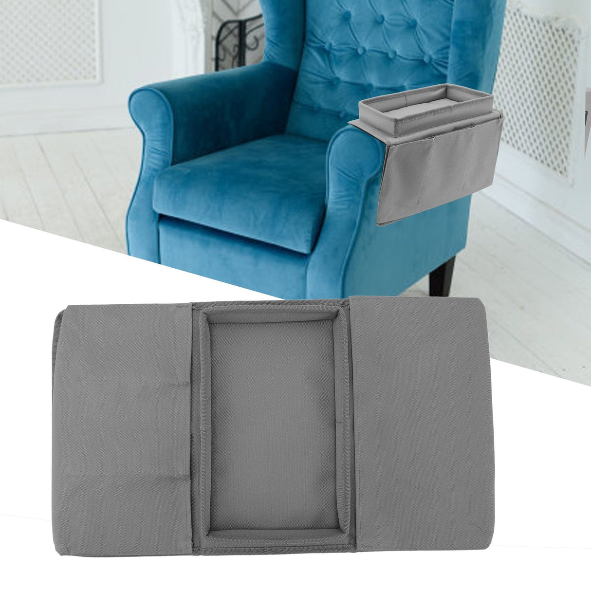Sofa Tray Folding Arm Storage Holder Table 600D Oxford Cloth Side Pockets for Couch Grey