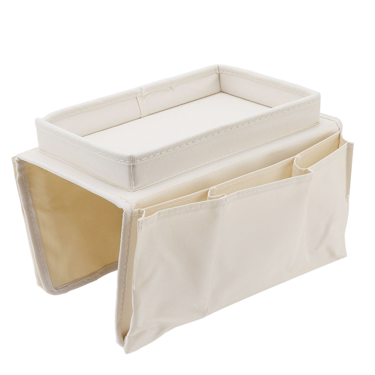 Sofa Tray Folding Arm Storage Holder Table 600D Oxford Cloth Side Pockets for Couch Beige