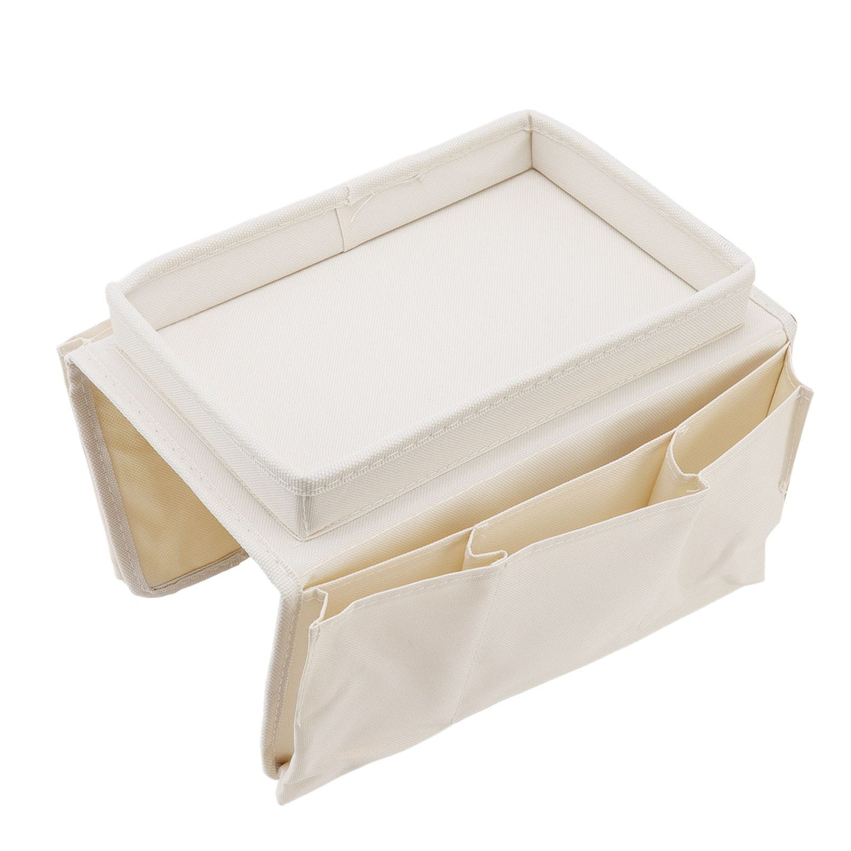 Sofa Tray Folding Arm Storage Holder Table 600D Oxford Cloth Side Pockets for Couch Beige