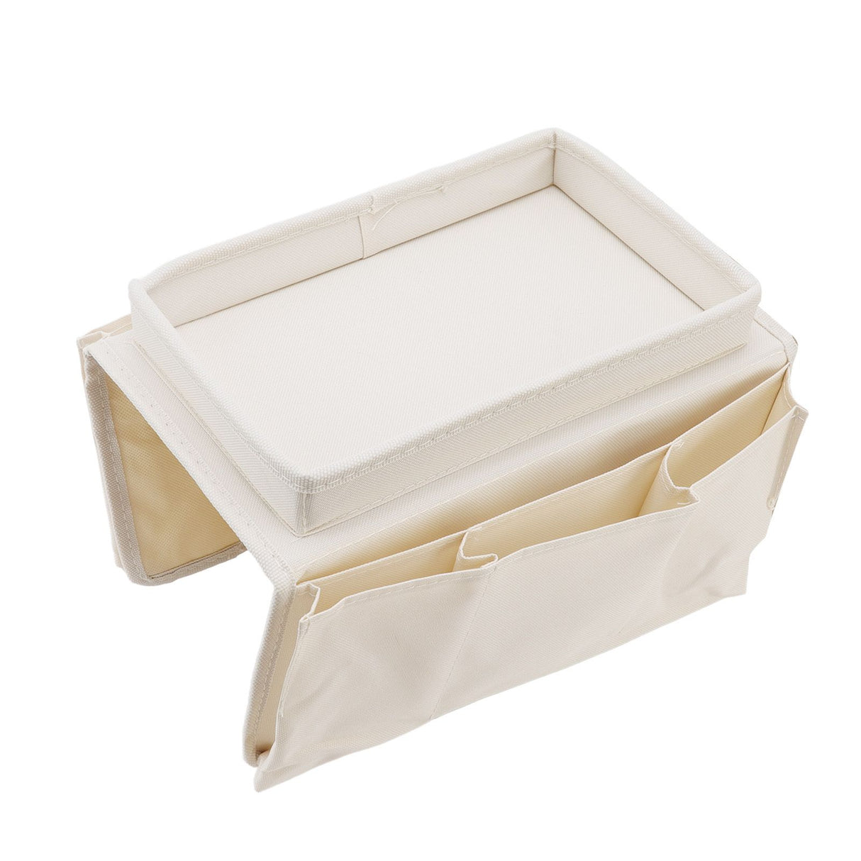 Sofa Tray Folding Arm Storage Holder Table 600D Oxford Cloth Side Pockets for Couch Beige