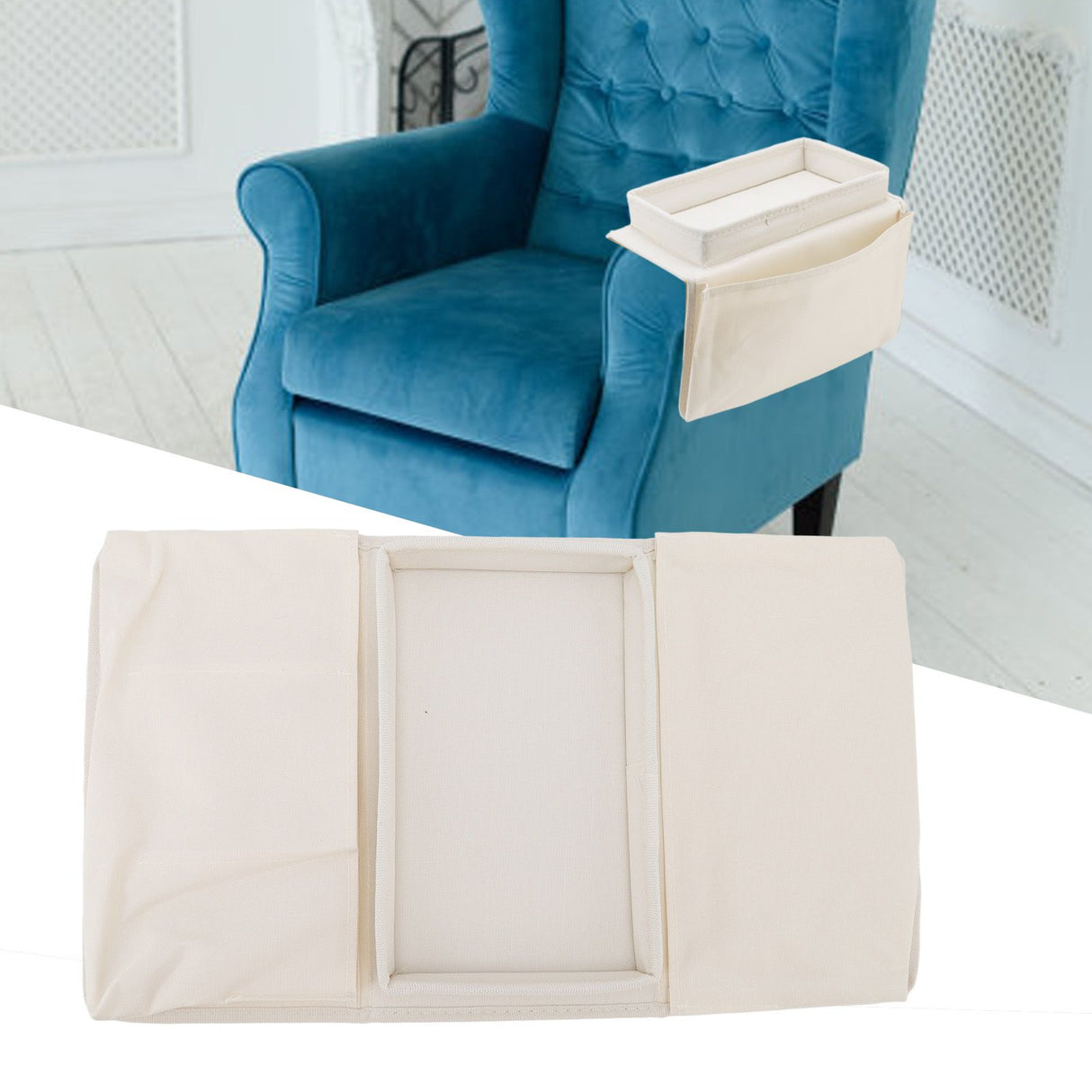 Sofa Tray Folding Arm Storage Holder Table 600D Oxford Cloth Side Pockets for Couch Beige