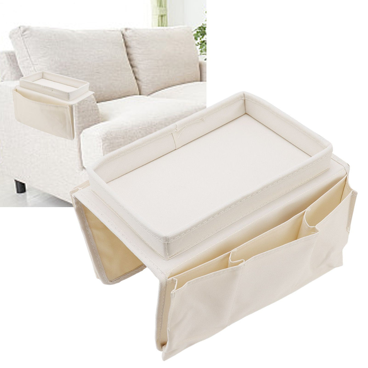 Sofa Tray Folding Arm Storage Holder Table 600D Oxford Cloth Side Pockets for Couch Beige