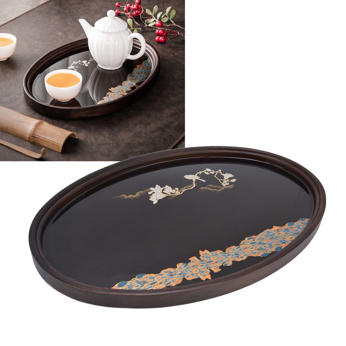 Bamboo Tea Tray Japanese Simple Novel Beautiful Resin Walnut Tea Tray for Home UseOval S