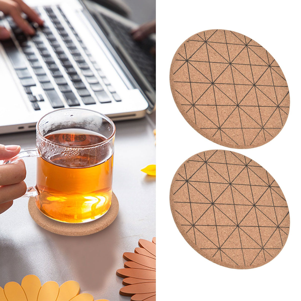 2pcs Cork Coasters Safety Design Convenient Practical Glossy Thick Rustic Style Wooden Decoration for KitchensPlaid