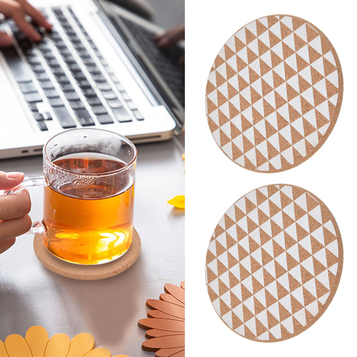 2pcs Cork Coasters Safety Design Convenient Practical Glossy Thick Rustic Style Wooden Decoration for KitchensTriangular