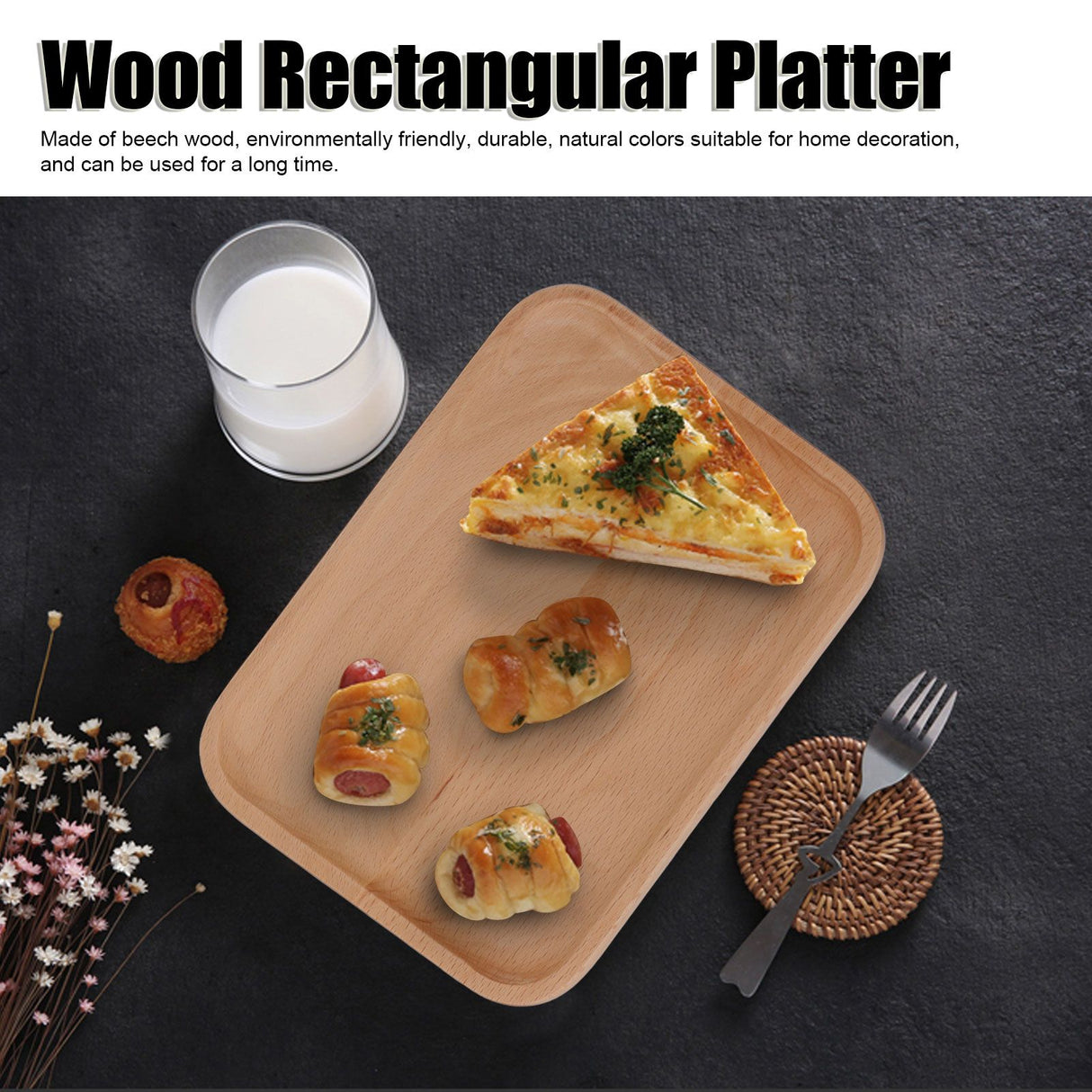 Wooden Rectangular Serving Tray Dinner Drink Food Snack Saucer Platter for Home Restaurants