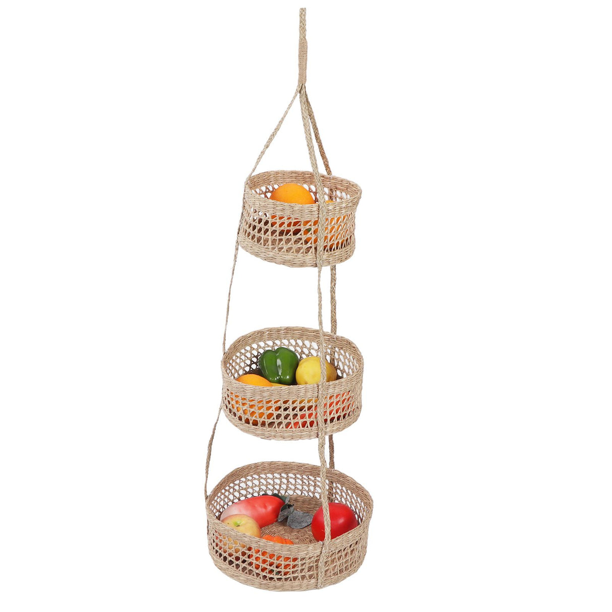 Hanging Fruit Basket Rattan 3 Tiers Multifunctional Foldable Elegant Style Easy Installation Hanging Produce Basket