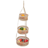 Hanging Fruit Basket Rattan 3 Tiers Multifunctional Foldable Elegant Style Easy Installation Hanging Produce Basket