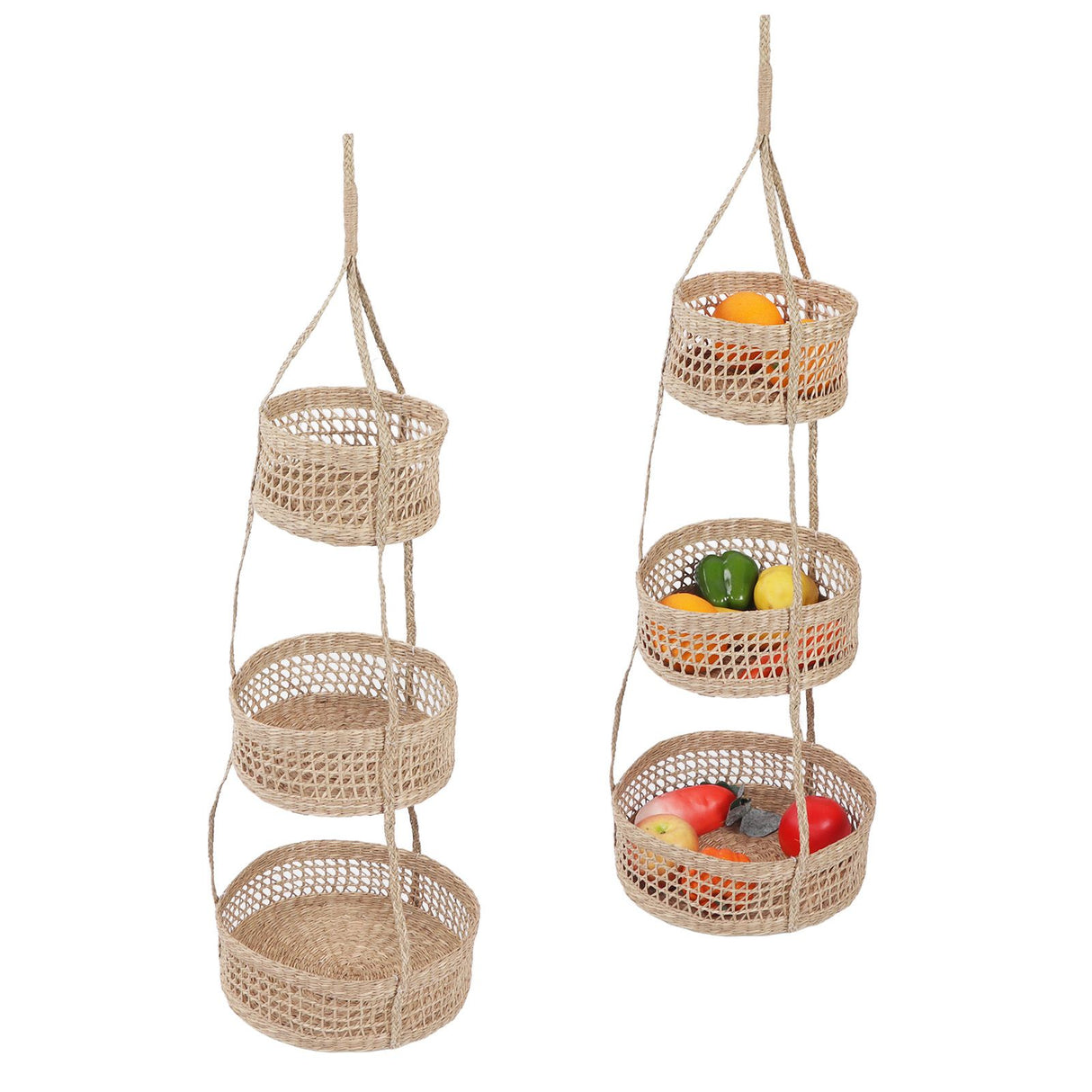 Hanging Fruit Basket Rattan 3 Tiers Multifunctional Foldable Elegant Style Easy Installation Hanging Produce Basket