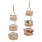 Hanging Fruit Basket Rattan 3 Tiers Multifunctional Foldable Elegant Style Easy Installation Hanging Produce Basket