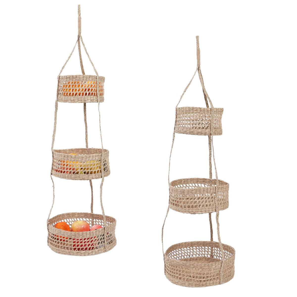 Hanging Fruit Basket Rattan 3 Tiers Multifunctional Foldable Elegant Style Easy Installation Hanging Produce Basket
