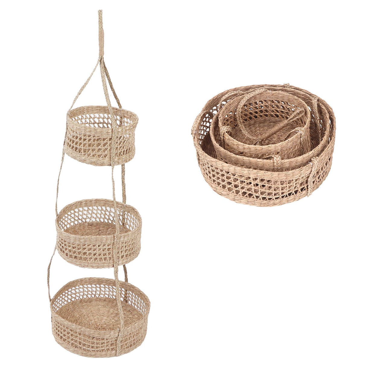 Hanging Fruit Basket Rattan 3 Tiers Multifunctional Foldable Elegant Style Easy Installation Hanging Produce Basket