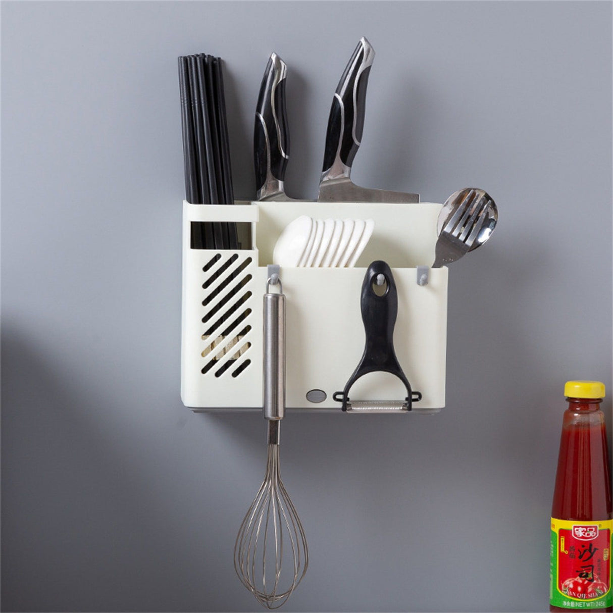 Cutlery Holder Multifunctional Wall Mounted Chopsticks Drying Rack for Home Kitchen White