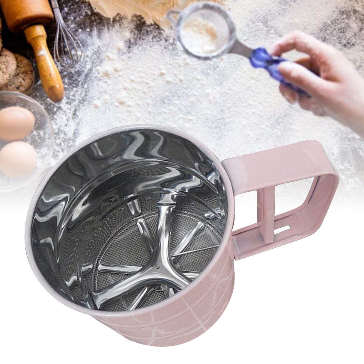 Flour Sifter Stainless Steel Corrosion Resistant Safe Odorless Beautiful Handheld Baking Flour Mesh Sieve Pink