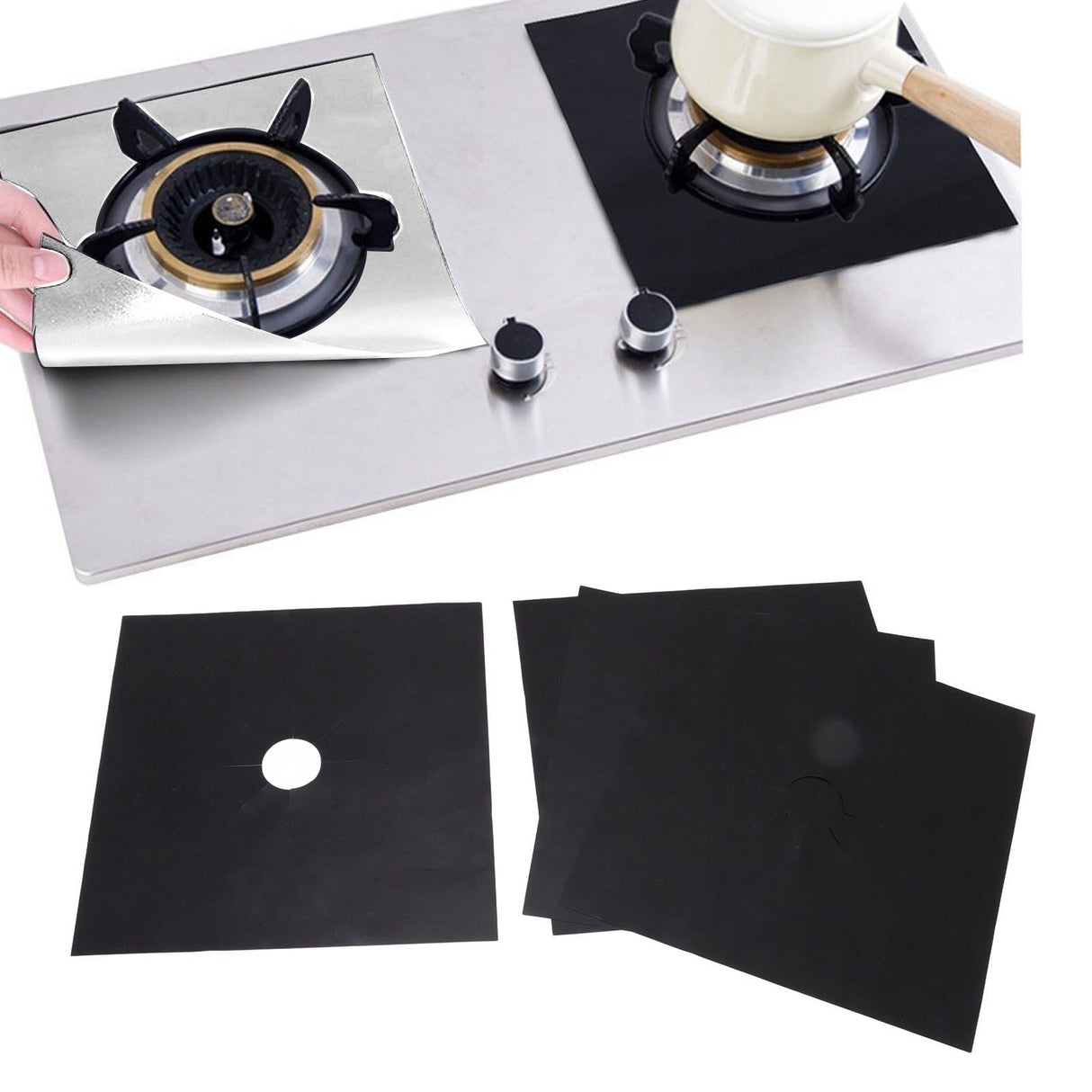 4Pcs Stove Burner Cover PTFE Coating Non Stick Gas Range Stove Top Protector Pad for Kitchen Cooking Black 27x27cm 0.1mm
