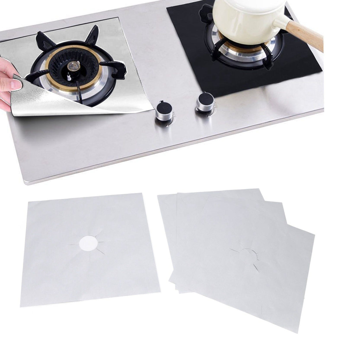 4Pcs Stove Burner Cover PTFE Coating Non Stick Gas Range Stove Top Protector Pad for Kitchen Cooking Silver 27x27cm 0.1mm