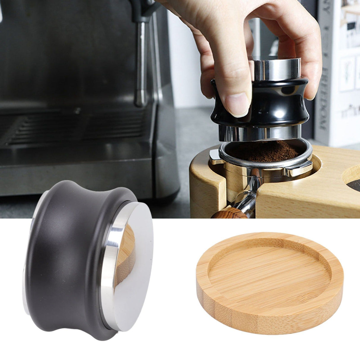 Coffee Distributor Stainless Steel Alloy Dual Head Adjustable Depth Coffee Leveler with Bamboo Base 58.5mm/2.3in