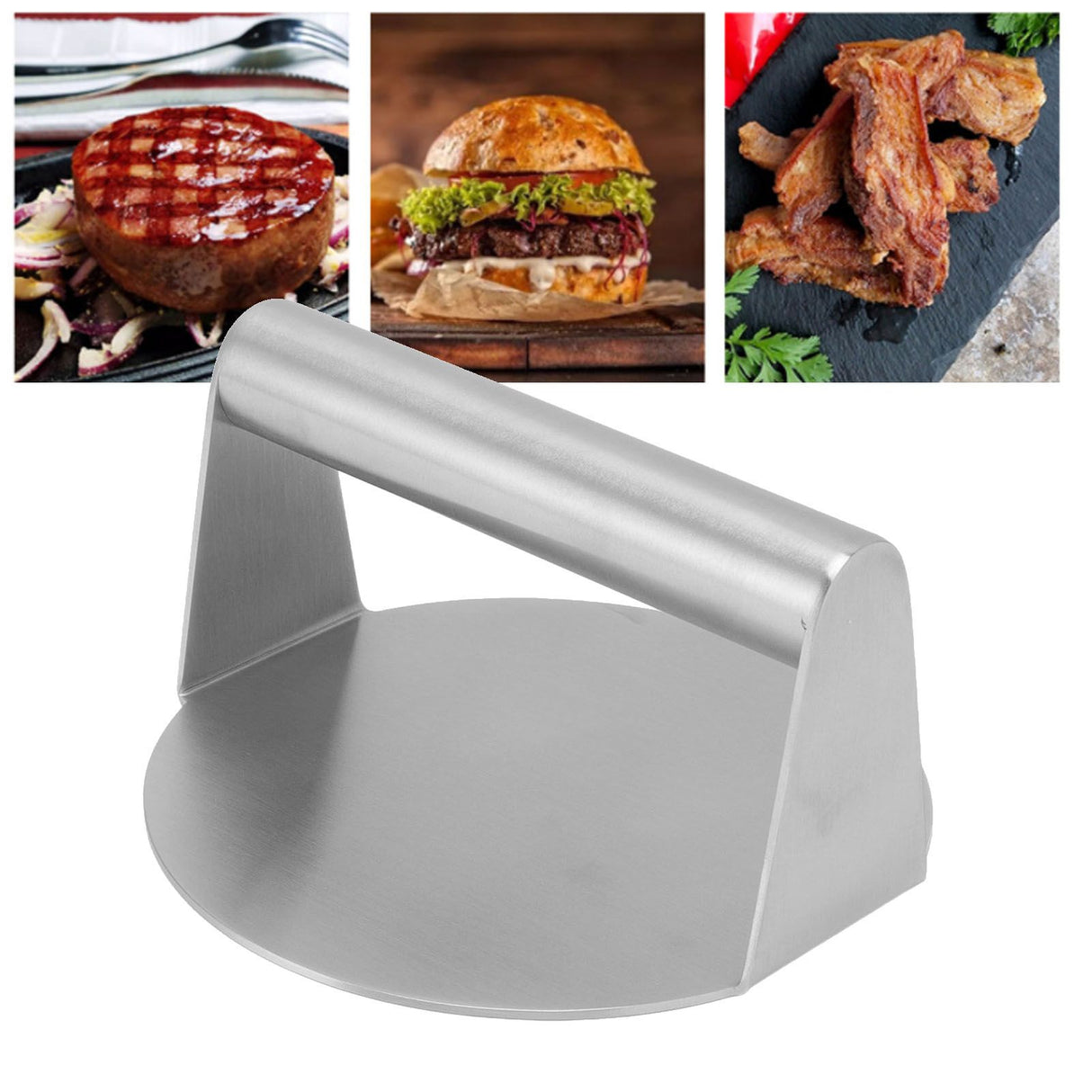 Meat Press Manual Stick Free Comfortable Handle 304 Stainless Steel Round Burger Press for Bacon Steak Grilling