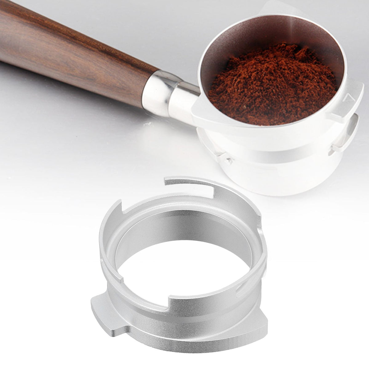 54mm Coffee Portafilter Dosing Funnel Aluminum Alloy Rotatable Dosing Funnel for Coffee Machine Silver