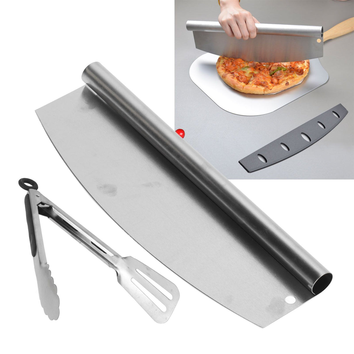 Pizza Cutter Food Grade Stainless Steel High Sharpness Ergonomic Design Rocking Pizza Cutter with Tong for Pizza Cake