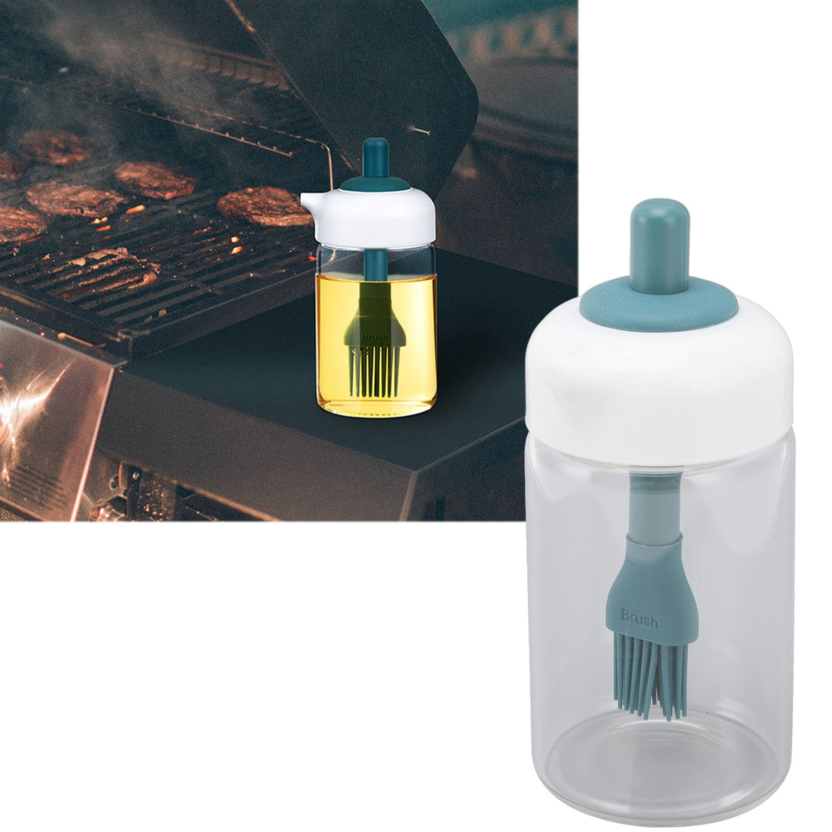Press Control 2 in 1 Oil Bottle Dispenser Kitchen Glass Oil Bottle with Silicone Brush 230ml Dark Green