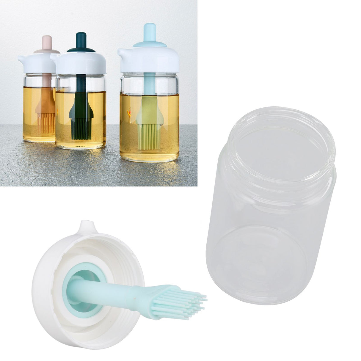Press Control 2 in 1 Oil Bottle Dispenser Kitchen Glass Oil Bottle with Silicone Brush 230ml Blue