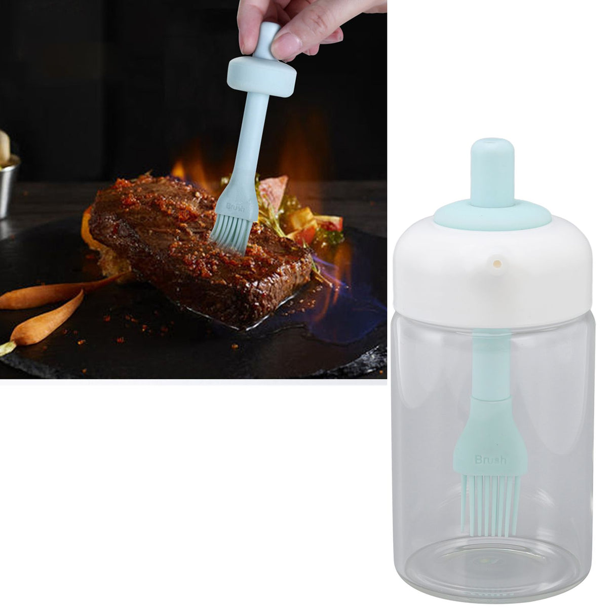 Press Control 2 in 1 Oil Bottle Dispenser Kitchen Glass Oil Bottle with Silicone Brush 230ml Blue