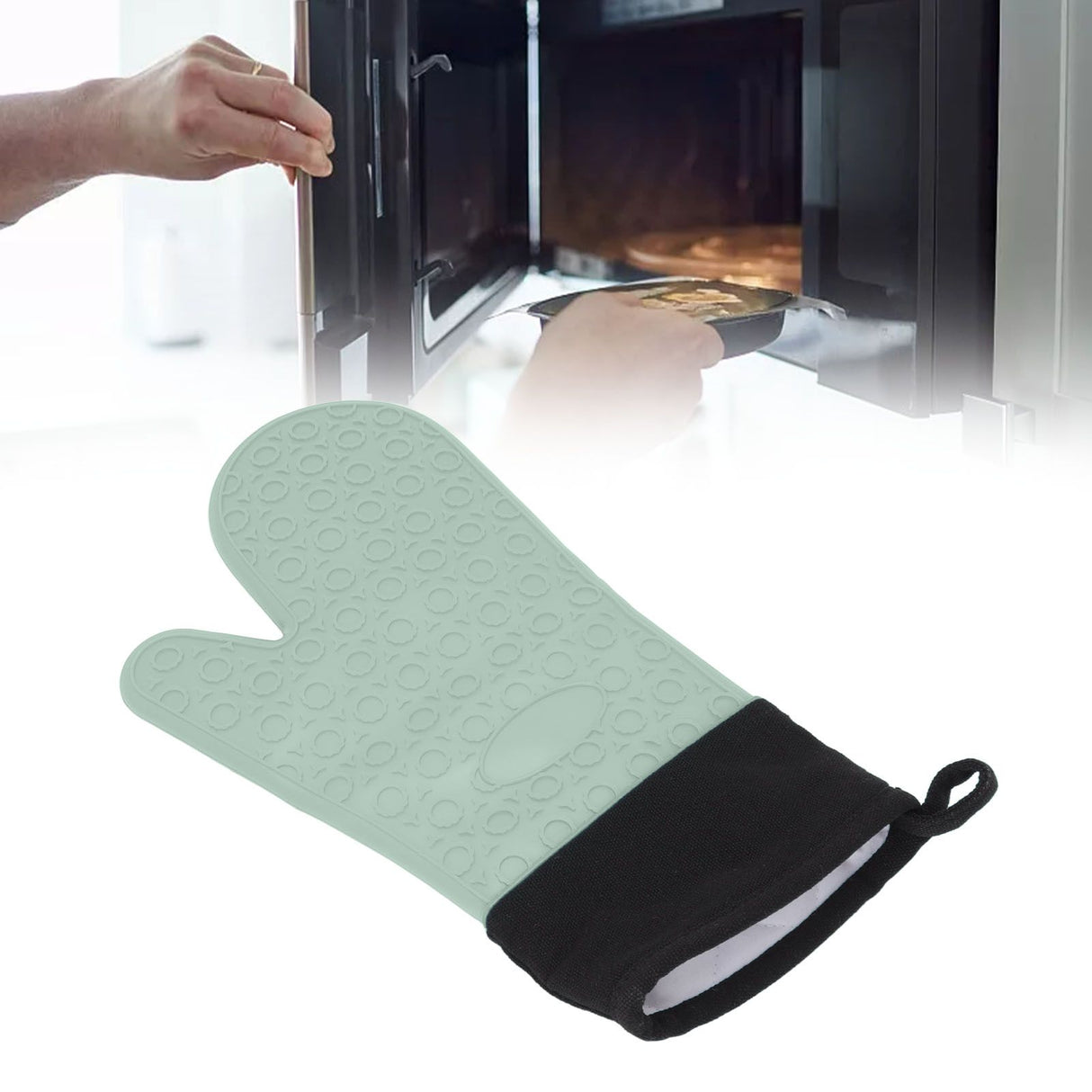 Silicone Oven Mitts Non Slip Kitchen Baking Gloves High Temperature Resistant 2 Fingers Long Green