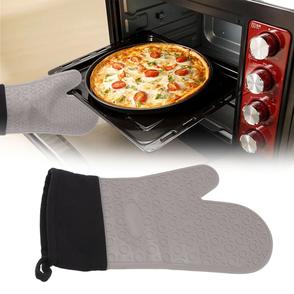 Silicone Oven Mitts Non Slip Kitchen Baking Gloves High Temperature Resistant 2 Fingers Long Gray
