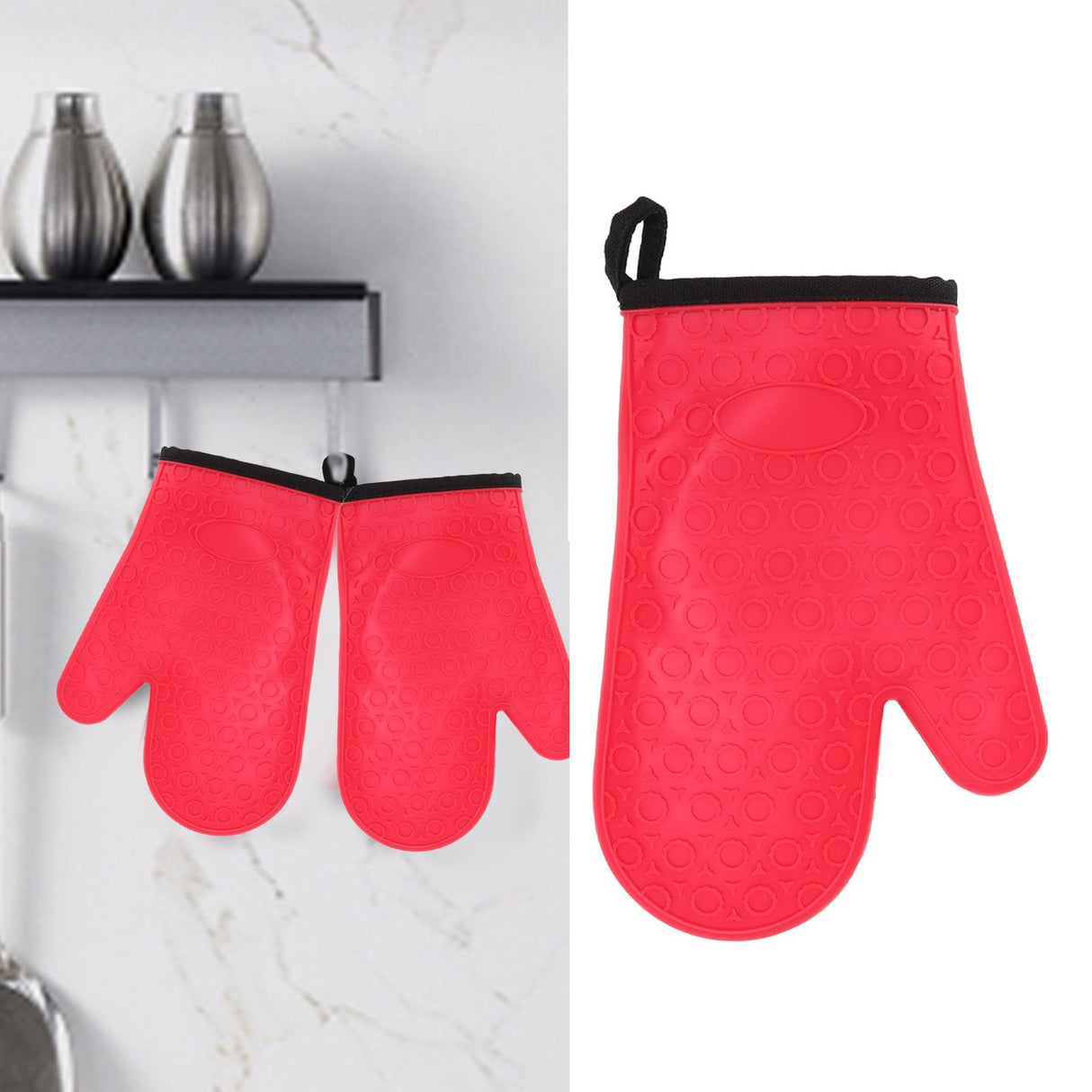 Silicone Oven Mitt High Temperature Resistant Waterproof Slip Proof Kitchen Baking Glove with Cotton Liner Red