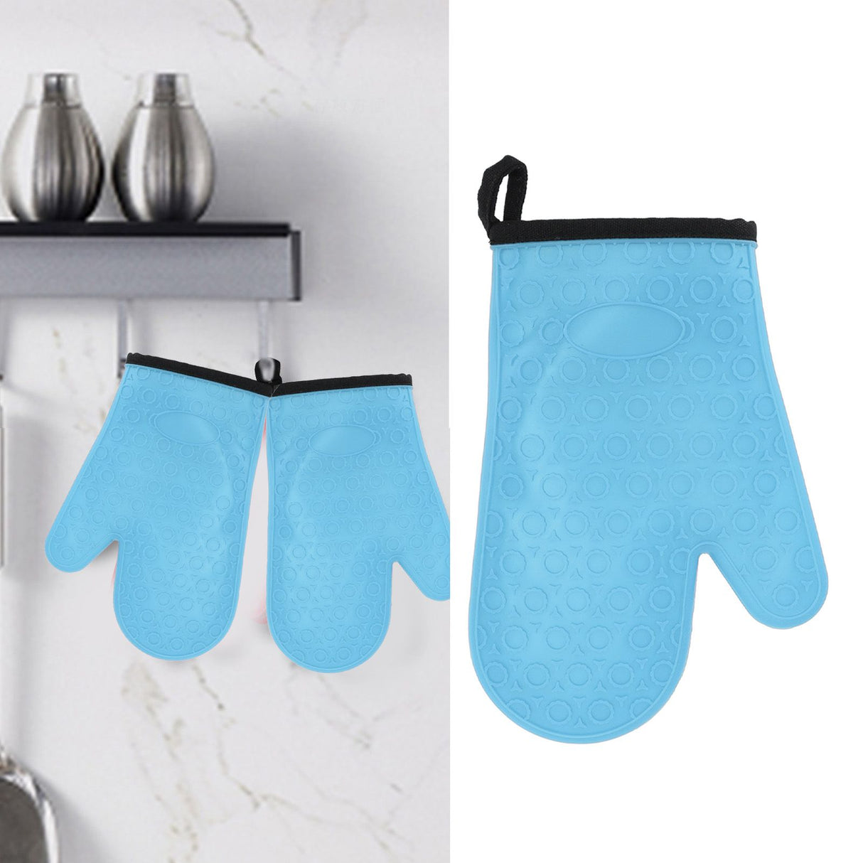 Silicone Oven Mitt High Temperature Resistant Waterproof Slip Proof Kitchen Baking Glove with Cotton Liner Blue