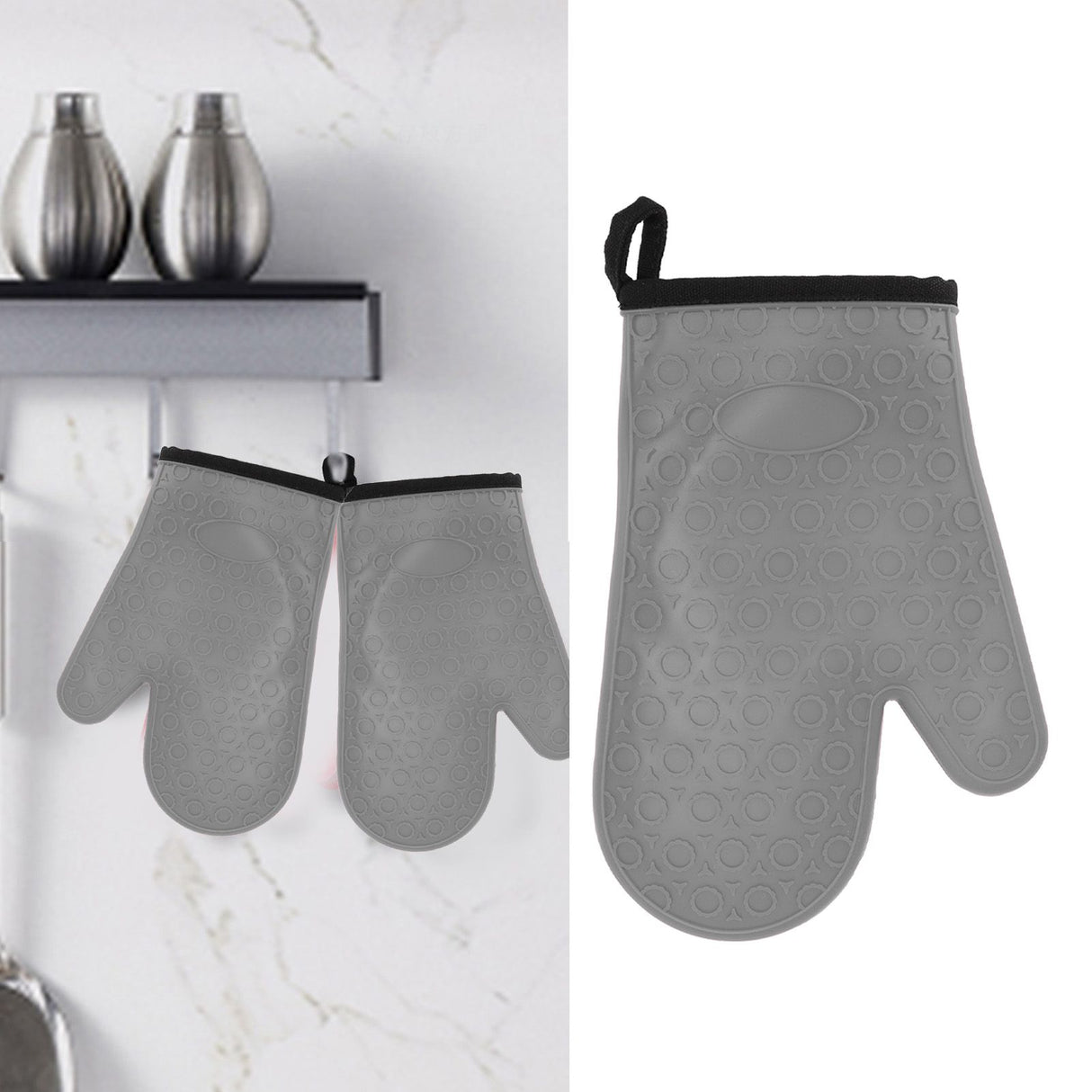 Silicone Oven Mitt High Temperature Resistant Waterproof Slip Proof Kitchen Baking Glove with Cotton Liner Gray