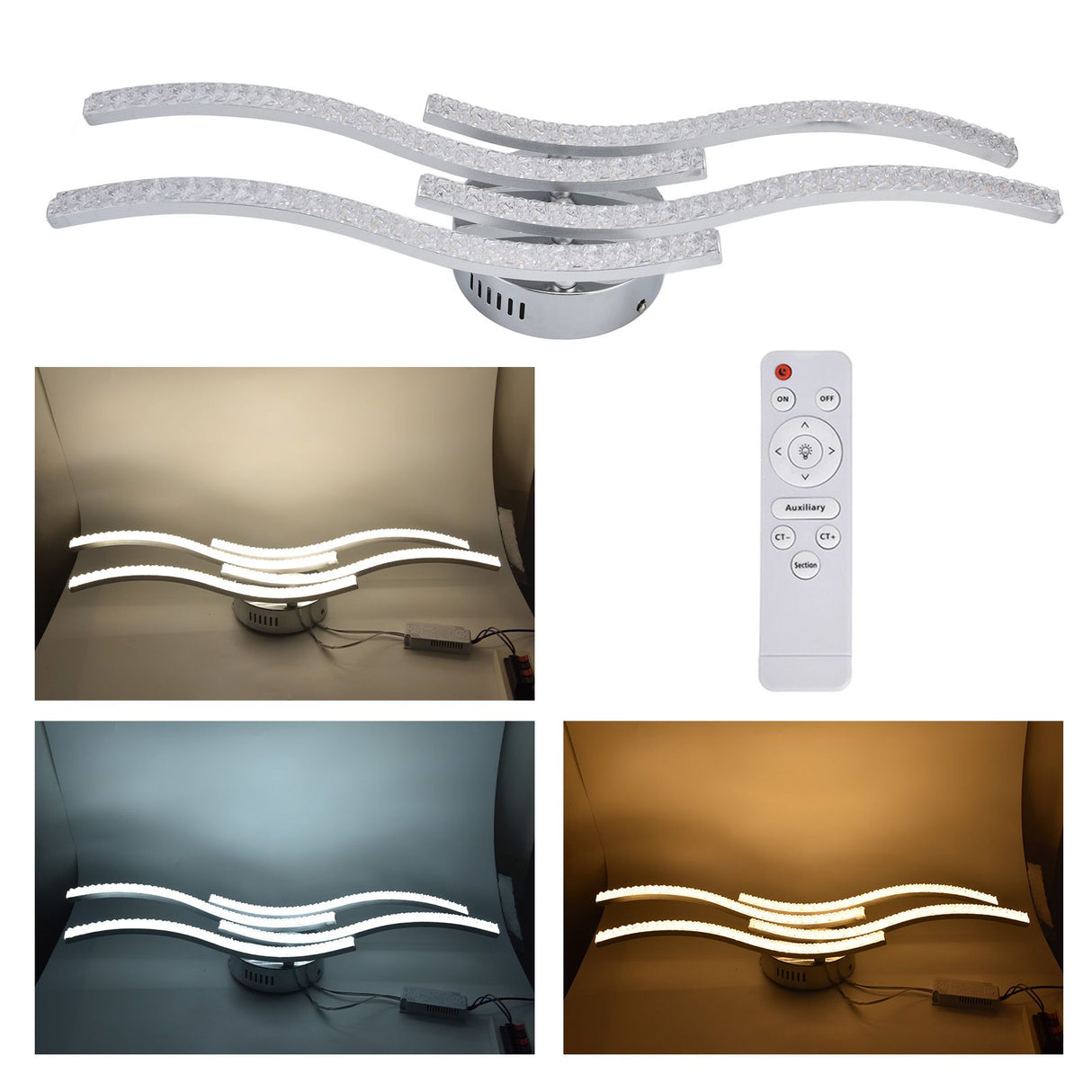 LED Ceiling Light Remote Control Dimming 4 Wavy Ceiling Lamp Tube for Living Room Bedroom AC85‑265V