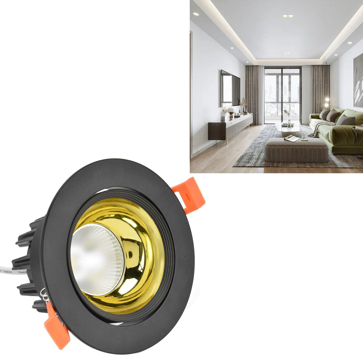 LED Downlight Aluminum Adjustable Angle Dustproof Ceiling Embedded Spotlight for Living Room Bedroom 100‑264VBlack Shell Golden Cup