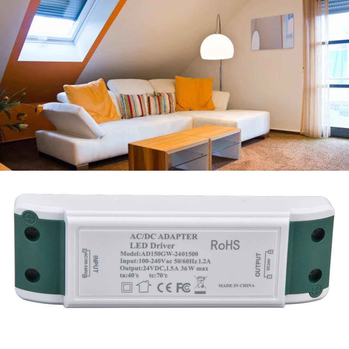 LED Driver 24V DC 1.5A 36W LED Power Supply Constant Current 24V Transformer AC100‑240V