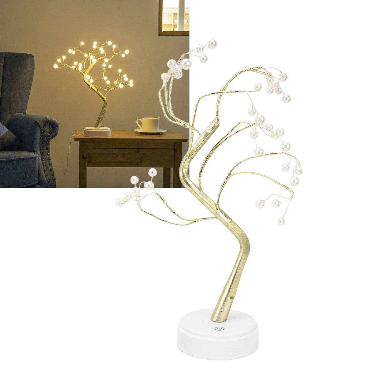 Tabletop Bonsai Tree Lamp Adjustable Safe Use Stable Night Light with Copper Wire USB Cable for Home Christmas Office36L Pearl Warm Light