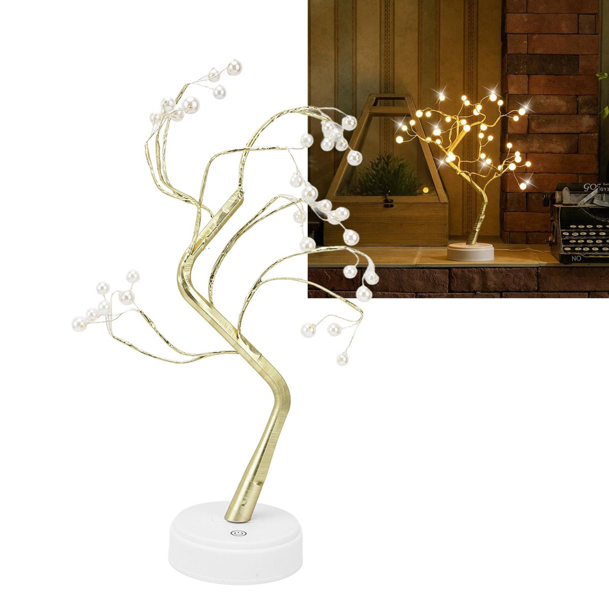 Tabletop Bonsai Tree Lamp Adjustable Safe Use Stable Night Light with Copper Wire USB Cable for Home Christmas Office36L Pearl Warm Light